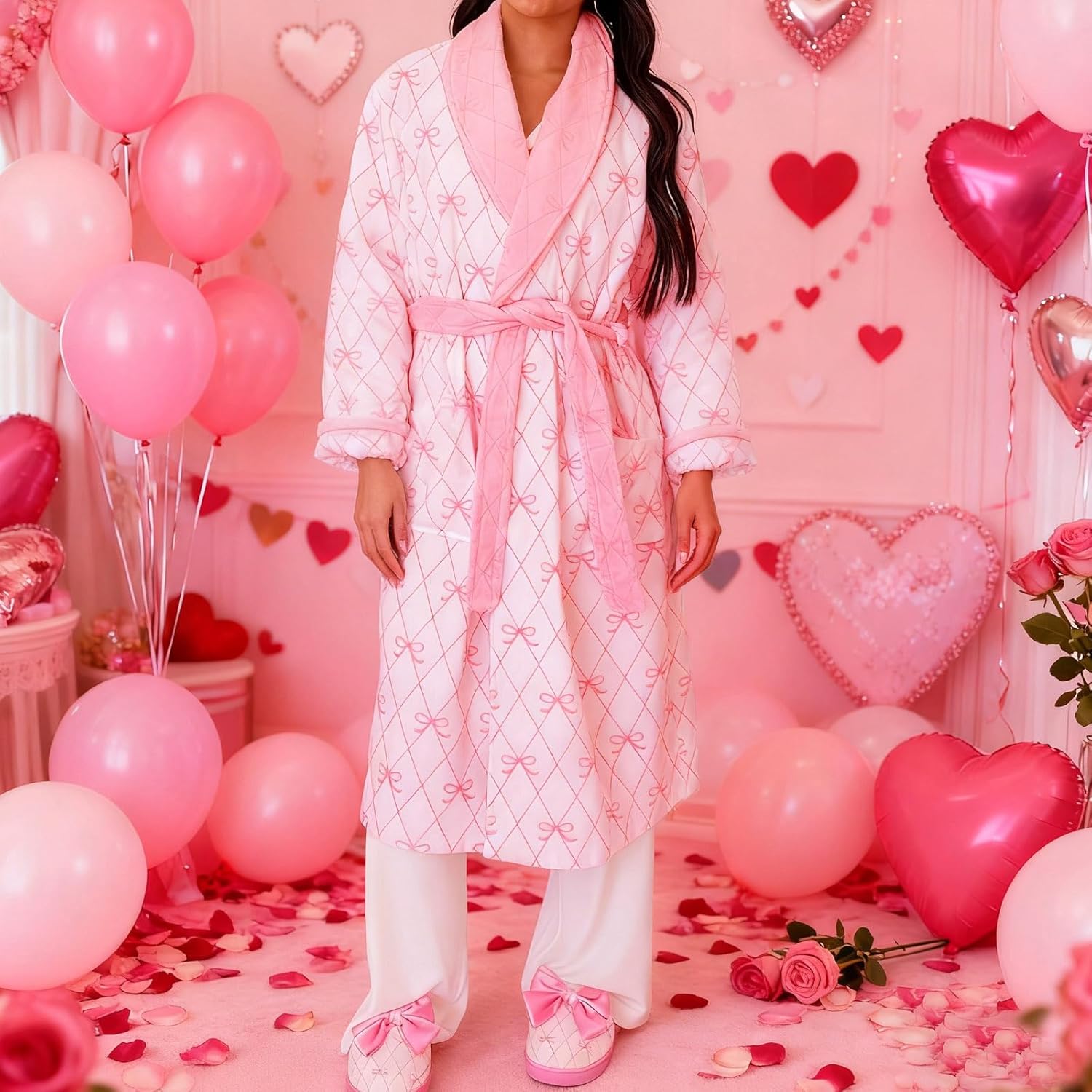VISGOGO Bow Robes For Women Robe Lightweight Short Women Bathrobe Soft Ladies Cute Bathrobe With Pocket Pink And White - Image 7