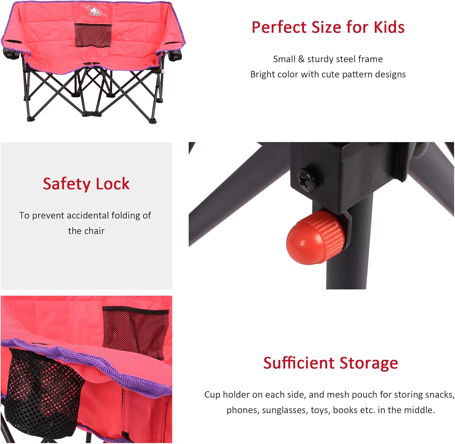 SUNNYFEEL Kids Folding Double Camping Chair, Portable Kids Camping Chairs 2 Seat Chair, Pink Padded Foldable Lawn Chairs with Cup Holder for Beach/Outdoor/Travel/Picnic, Foldable Camp Chairs 2 Person