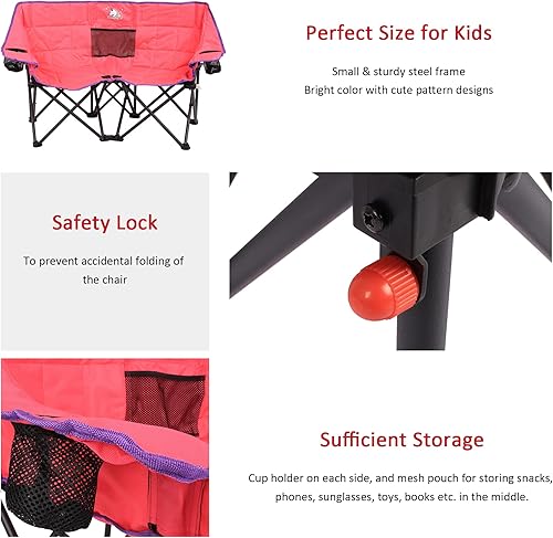 Miniatura 5 de SUNNYFEEL Silla de camping doble plegable para niños, sillas de camping portátiles para niños, silla de 2 asientos, sillas de césped plegables