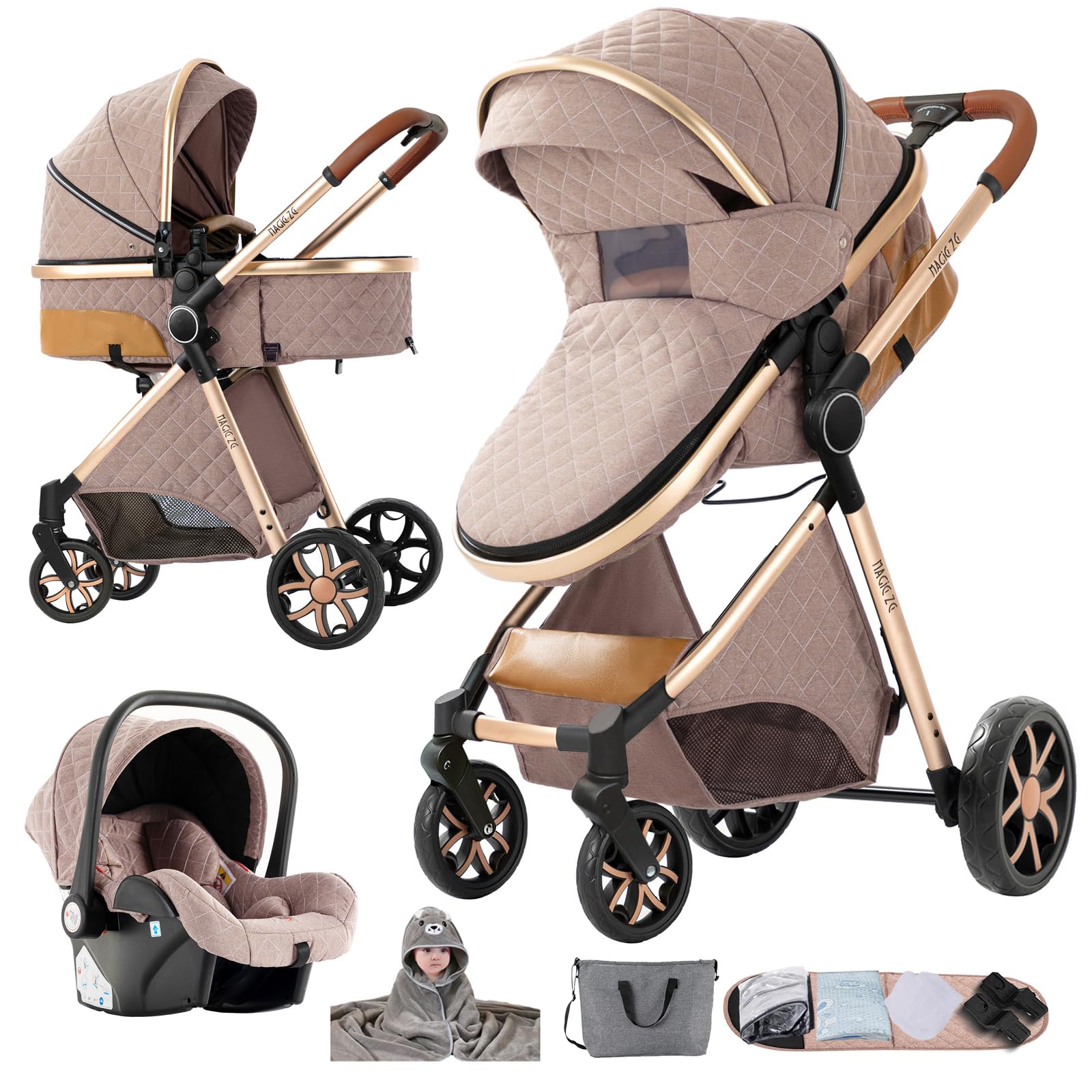 Nine point nine Trio Passeggino Neonati 3 in 1 con Telaio in Alluminio V9 Khaki