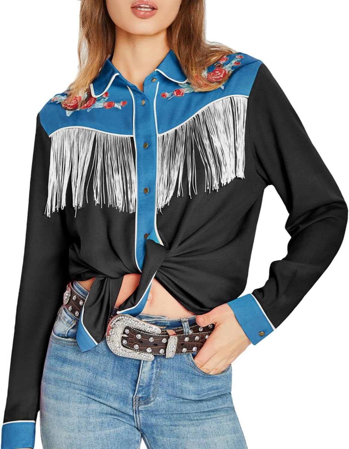 JOHN MOON Women's Fringe Western Shirts Floral Embroidered Button Down Shacket Rodeo Cowgirl Country Top Long Sleeve