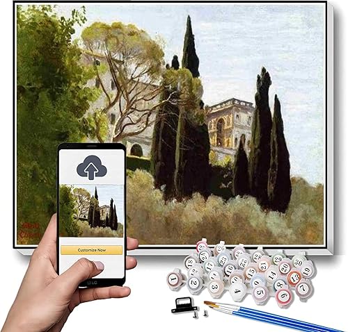 Kit de pintura al óleo de bricolaje, la fachada de la Villa D Este en Tivoli vista desde los jardines de Camille Corot Kit de pintura por números