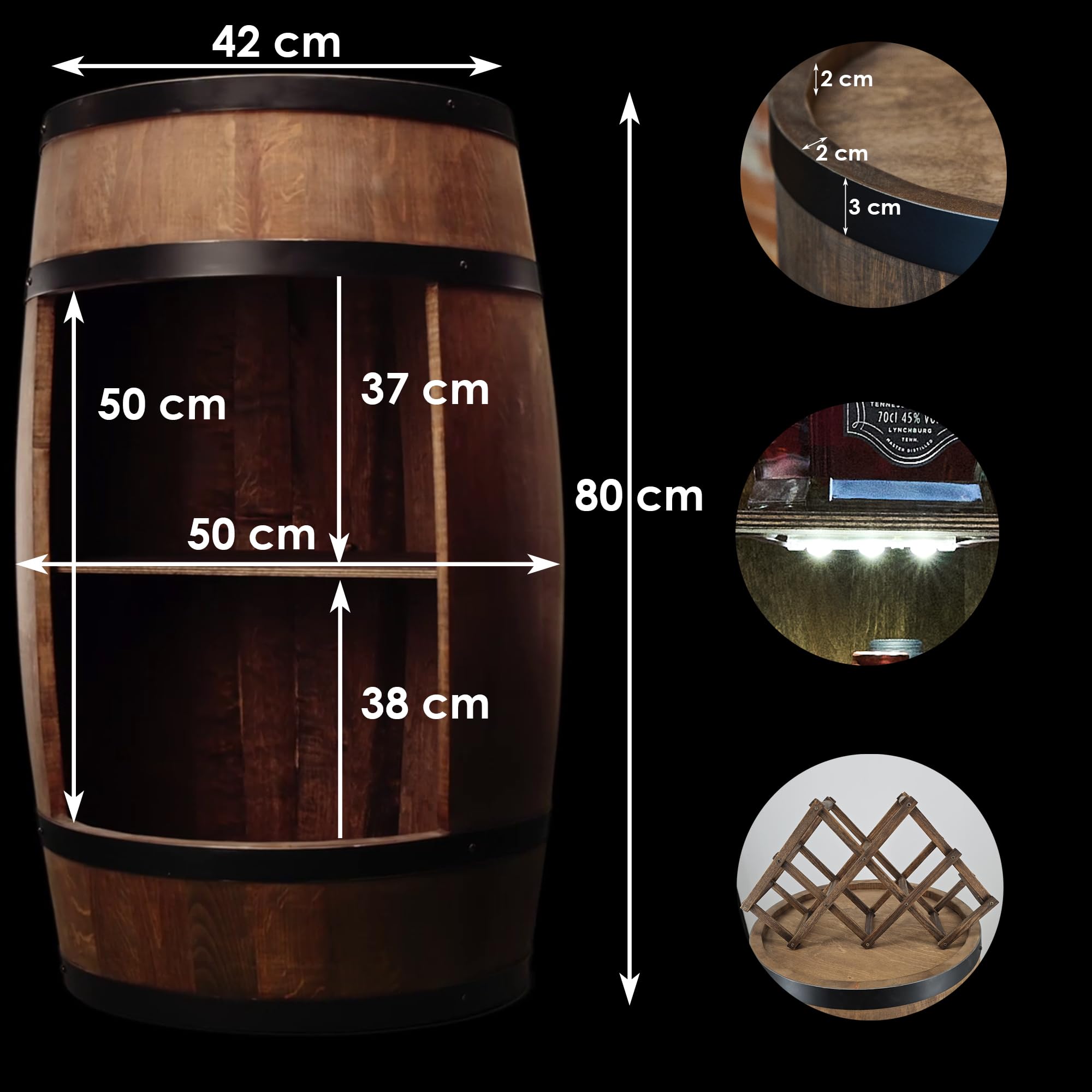 CREATIVE COOPER Fass bar mit Weinhalter - Weinregal LED RGB - Holzfass Hausbar 80x50cm - Rustikaler deko Barschrank Weinständer – Weinschrank (Dunkelbraun)