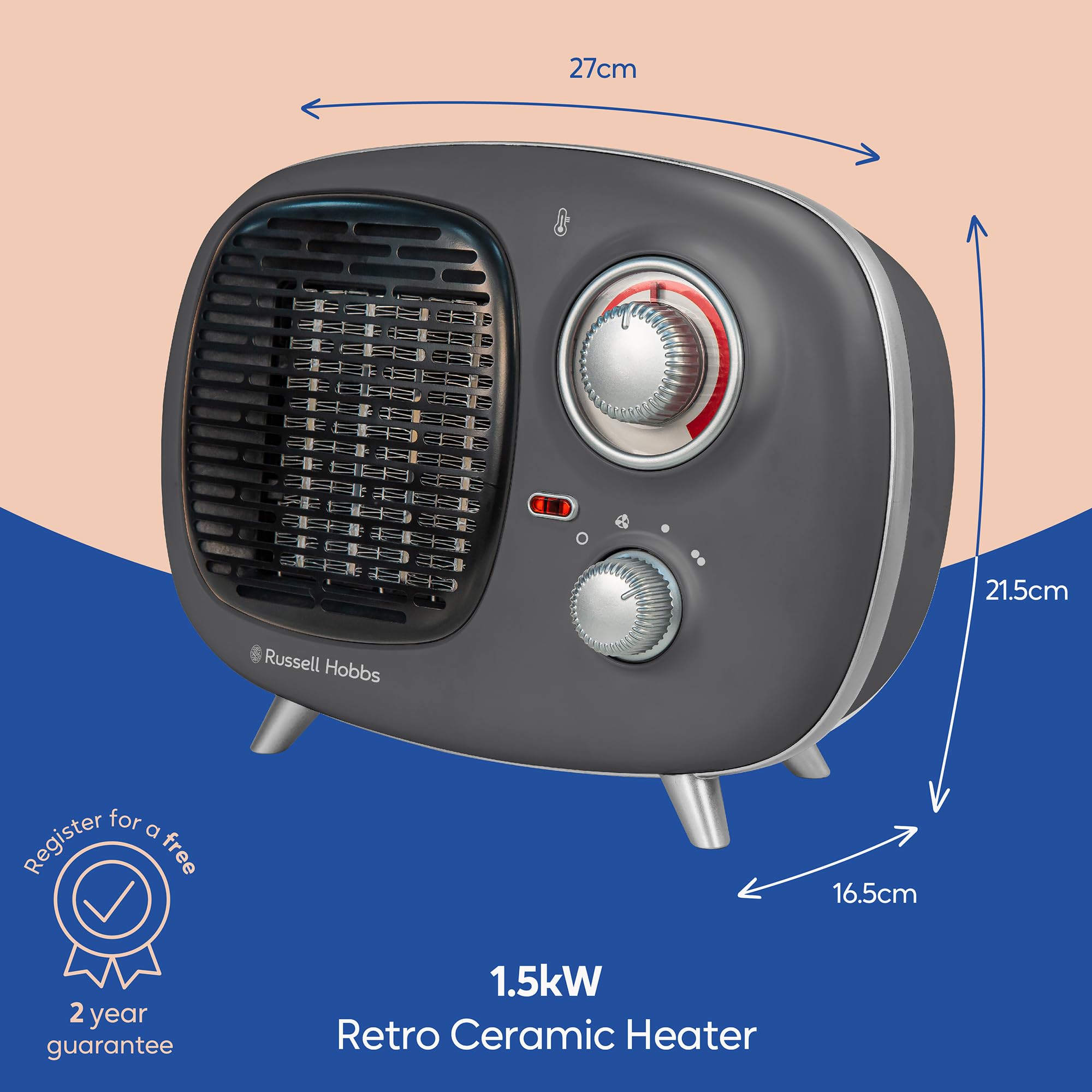 Russell Hobbs RHRETPTC2001G 1.5KW Retro Portable Ceramic Electric Heater in  Grey, 2 Heat Settings, Adjustable Thermostat, 15m2 Room Size, 2 Year  Guarantee : Amazon.co.uk: Home u0026 Kitchen