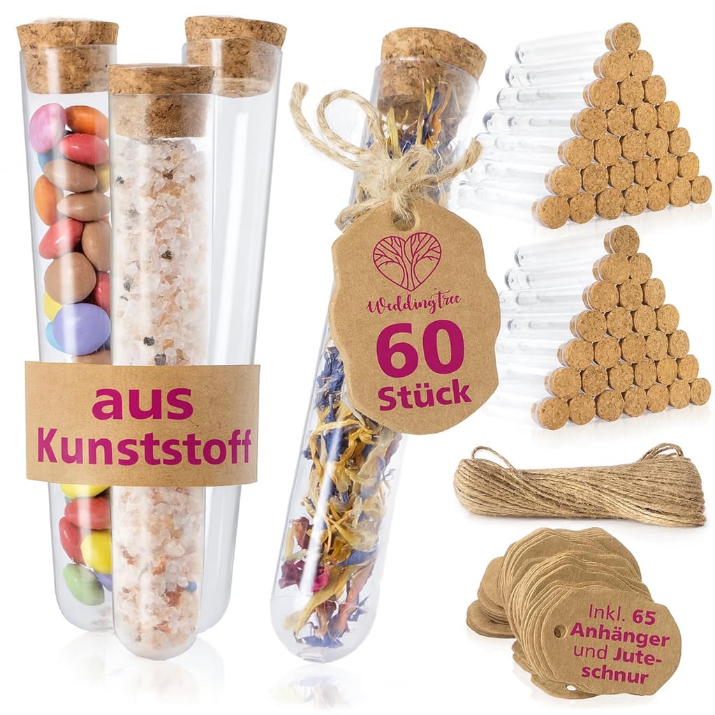 WeddingTree Reagenzgläser mit Korken 60 Stück 18 x 105 mm mit Anhänger