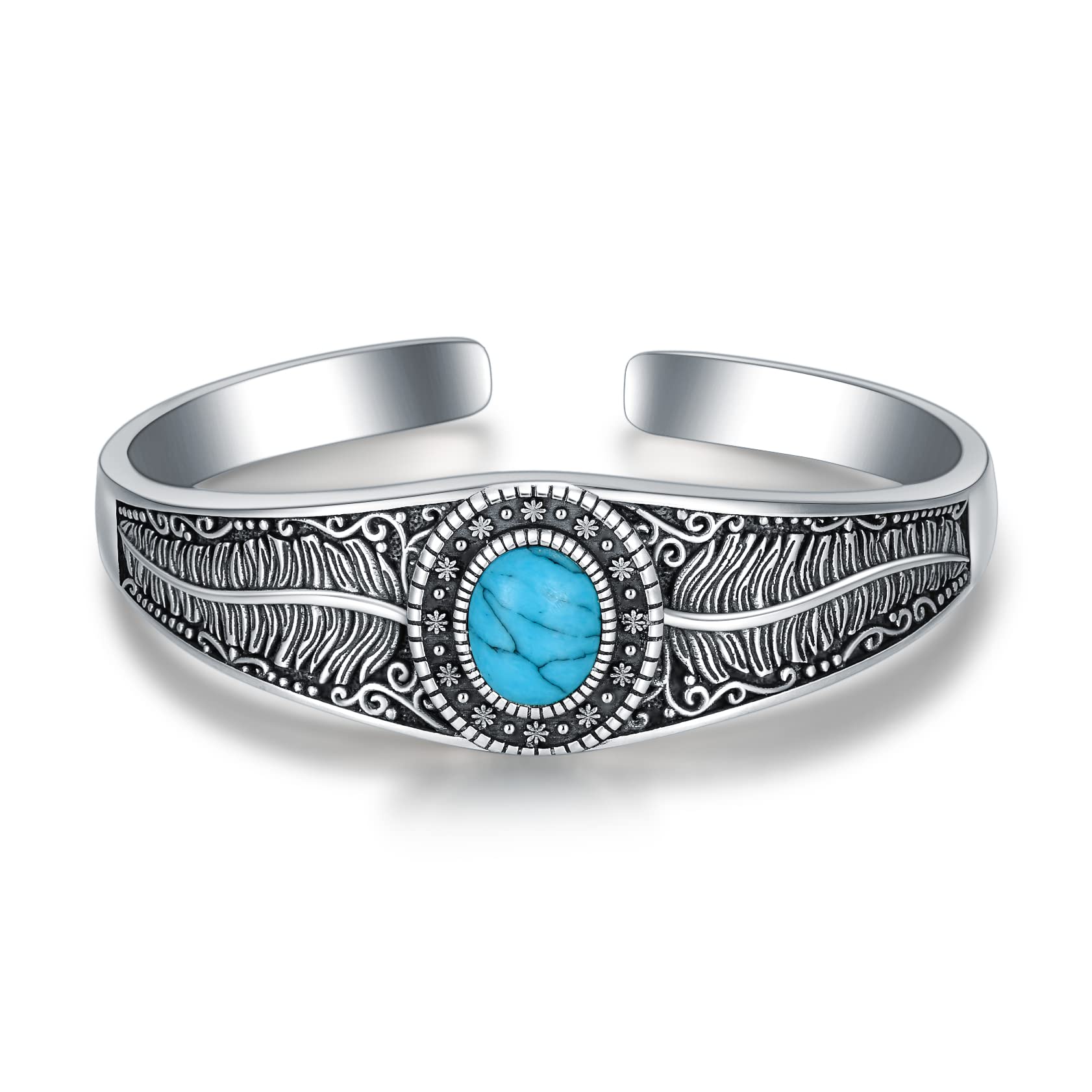 DOLIOX925 Sterling Silver Turquoise Bracelet for Women Men Handmade Feather Bangle Cuff Native American Adjustable Jewelry 6.5 7 7.5 Inch