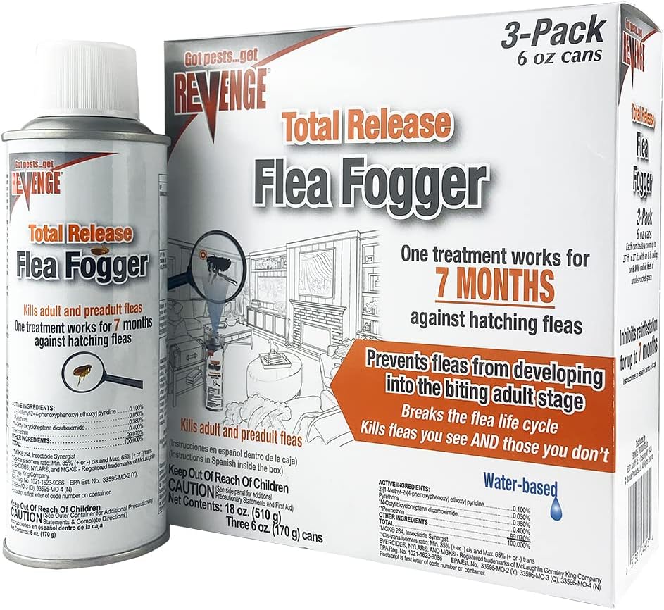 Revenge Total Release Flea Fogger, Pack of 3 6 oz Ready-to-Use Cans, Long Lasting Formula Kills Fleas and More