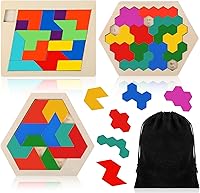 Vista 12 de Yunsailing Paquete de 3 rompecabezas hexagonales de madera con bolsa de almacenamiento, bloques rusos de madera, rompecabezas geométrico