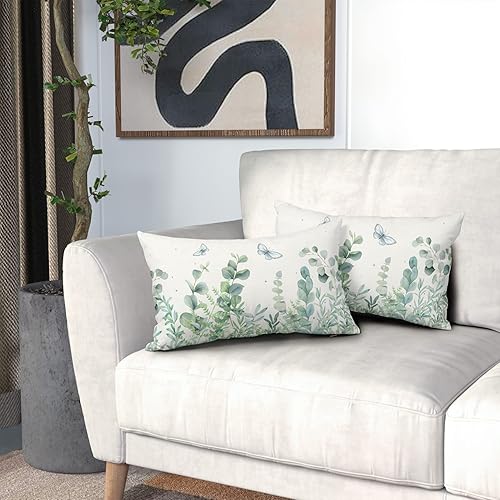 Miniatura 6 de Juego de 2 fundas de almohada lumbares de hojas de eucalipto primaverales de 12 x 20 pulgadas, fundas de almohada lumbares de hojas verdes salvia y