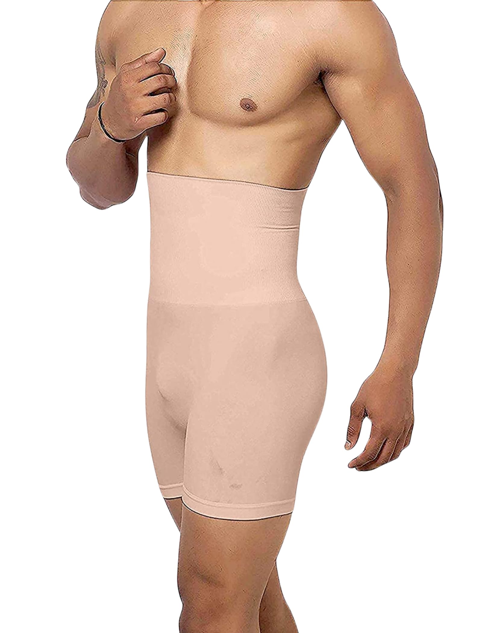 Tummy Tucker Mens High Waist Shapewear with Anti Rolling Strip Tummy Control Panties (Free-Size Fits 32-36 Waist Size) Beige-image-4