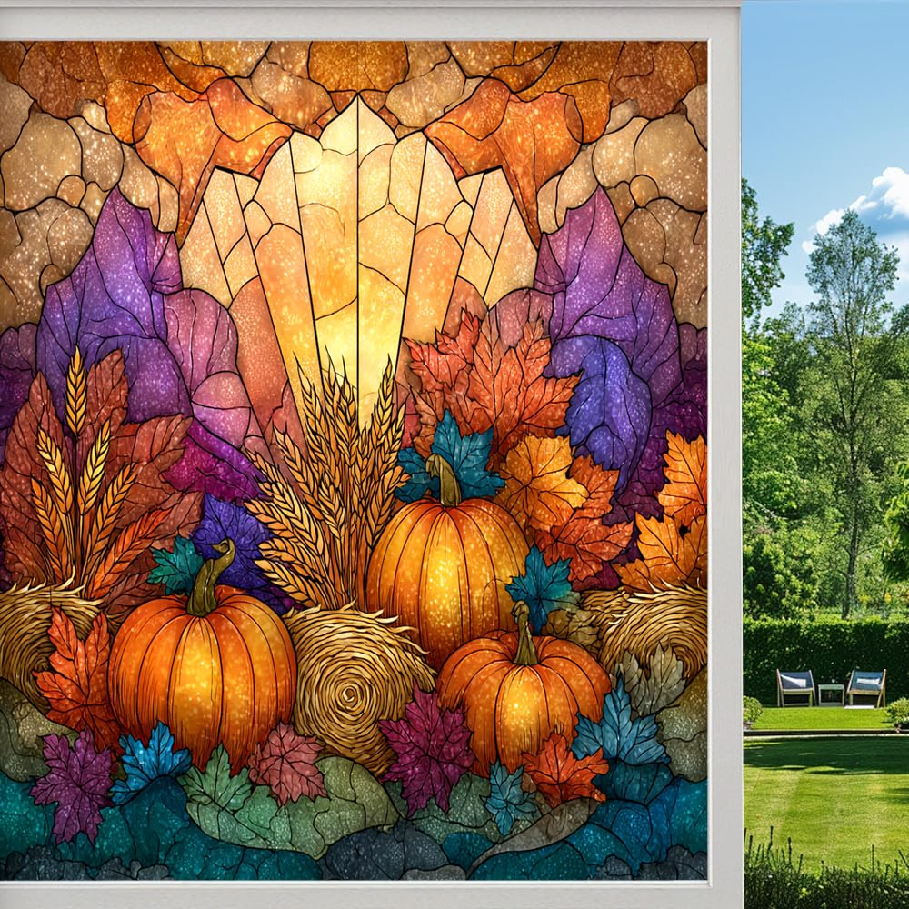 Rustic Pumpkin Stained Glass Window Film, Natural Autumn Field Views Peel and Stick Privacy Film, Frosted Adhesive Vinyl Decorative for Bathroom Windows Glass Doors, （90x140cm）