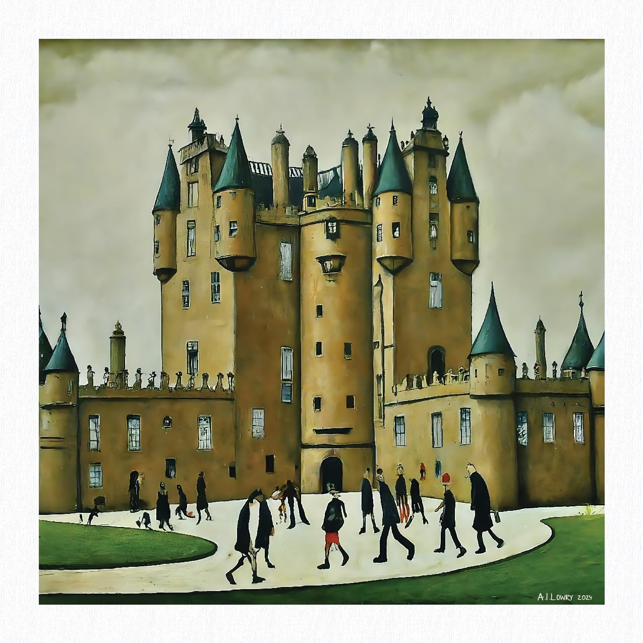 Greetingles Lowry Style Giclée Art Print 21cm/8.25" Square. Made in UK. (Glamis Castle)