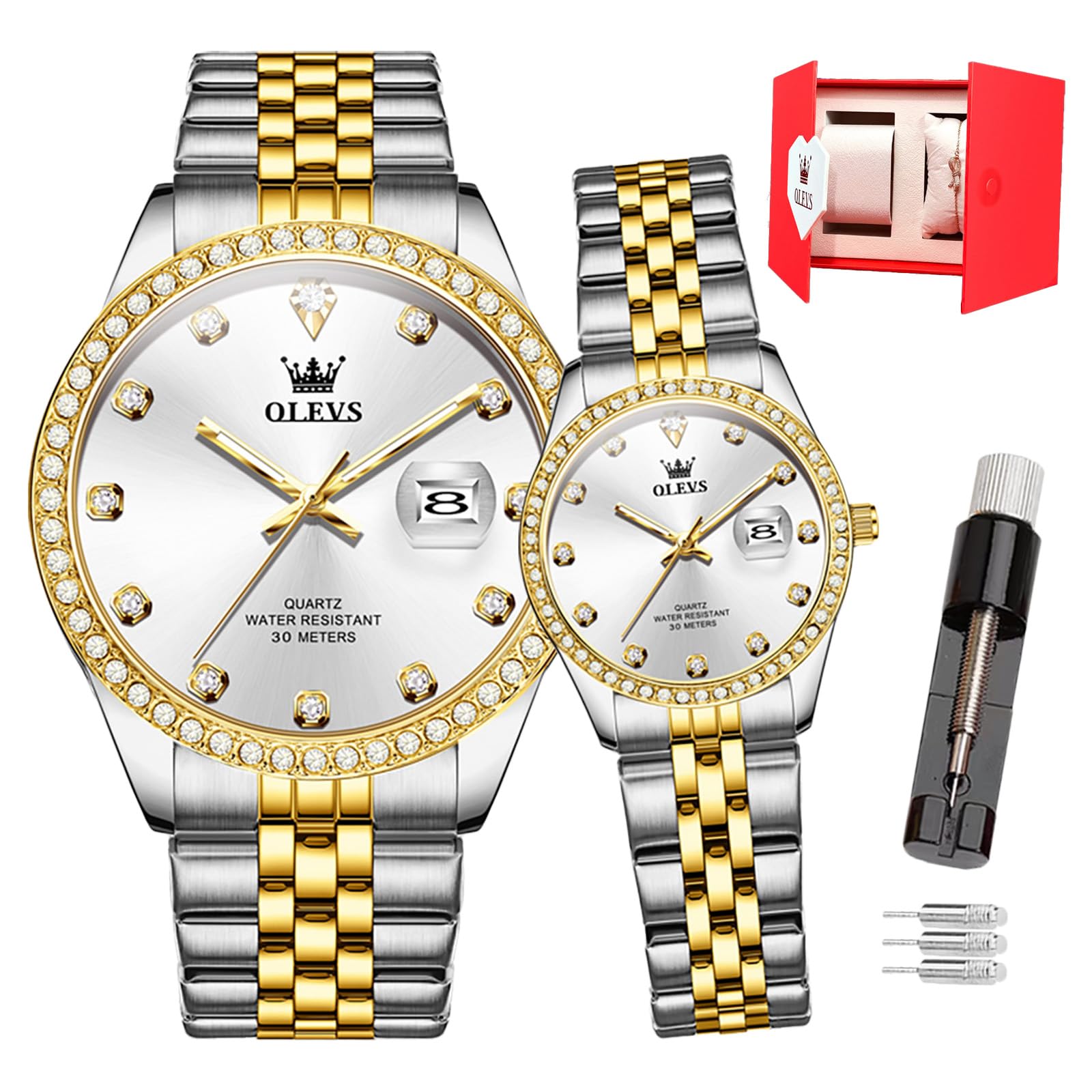 OLEVS Paar Uhr für Sie und Ihn, analoge Quarzuhr, für Damen und Herren, wasserdicht, Leuchtend, Datum, Armbanduhr, romantische Geschenke für Paare