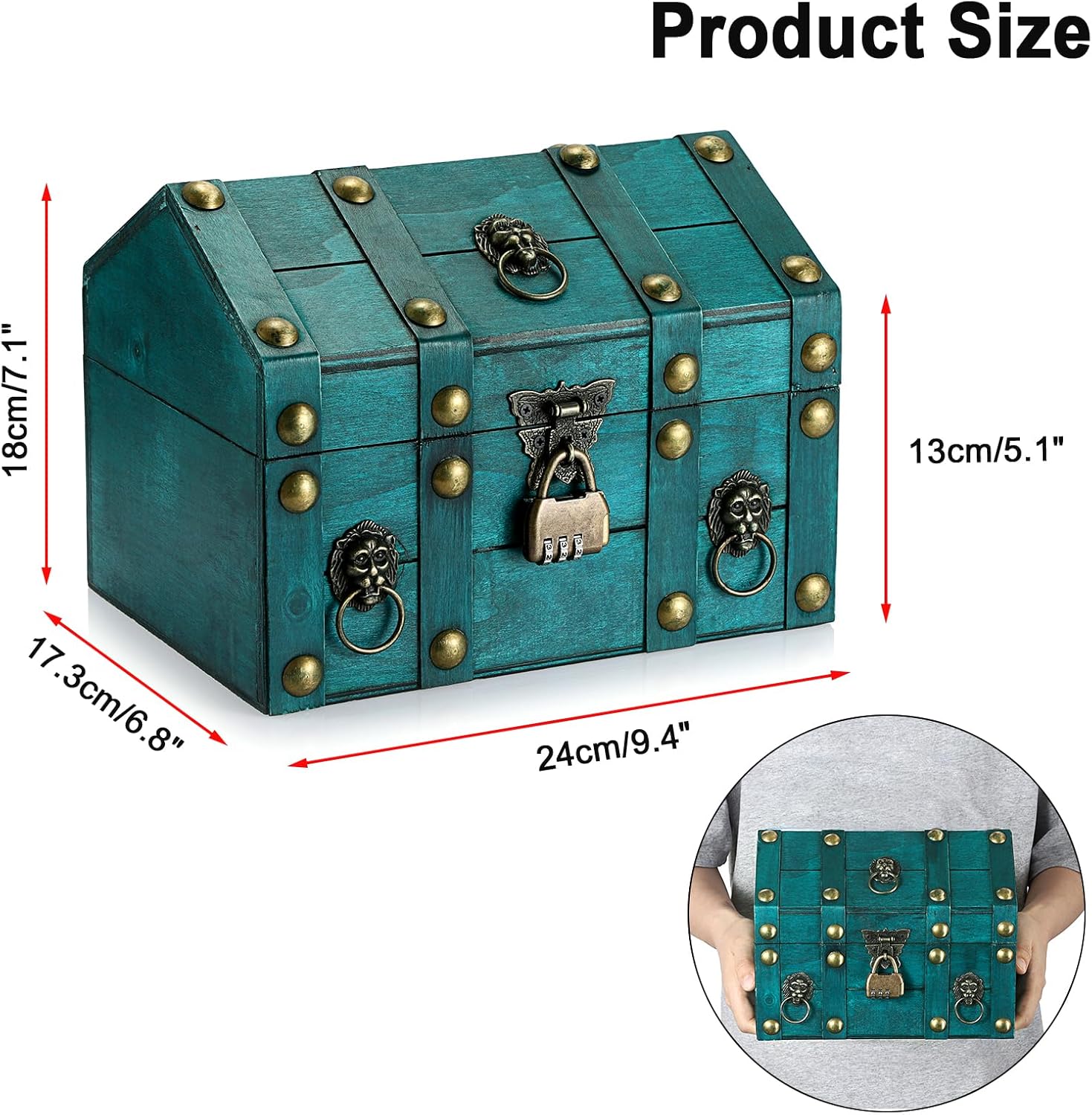 ELLDOO Product image Wooden Treasure Chest with Lock, Vintage Pirate Chest Keepsakes Box for Kids Gifts, Handmade Treasure Storage Green Decorative Box for Jewelry Coins Collectibles, Large