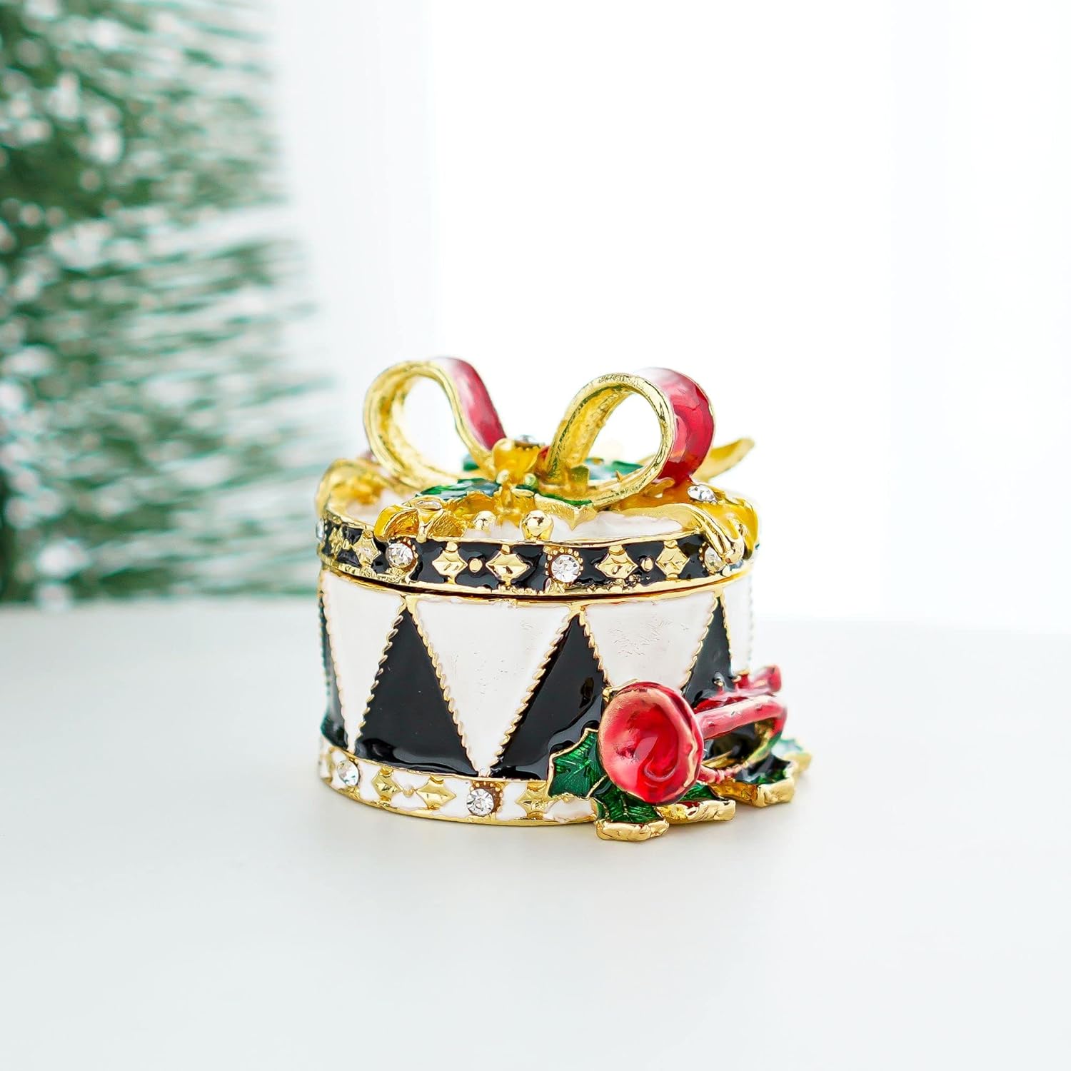 YU FENG 2.4inch Christmas Trinket Ornament Boxes Hinged with Rhinestones Jeweled Bowknot Trumpet Enameled Decorative Jewelry Ring Box Christmas Gift