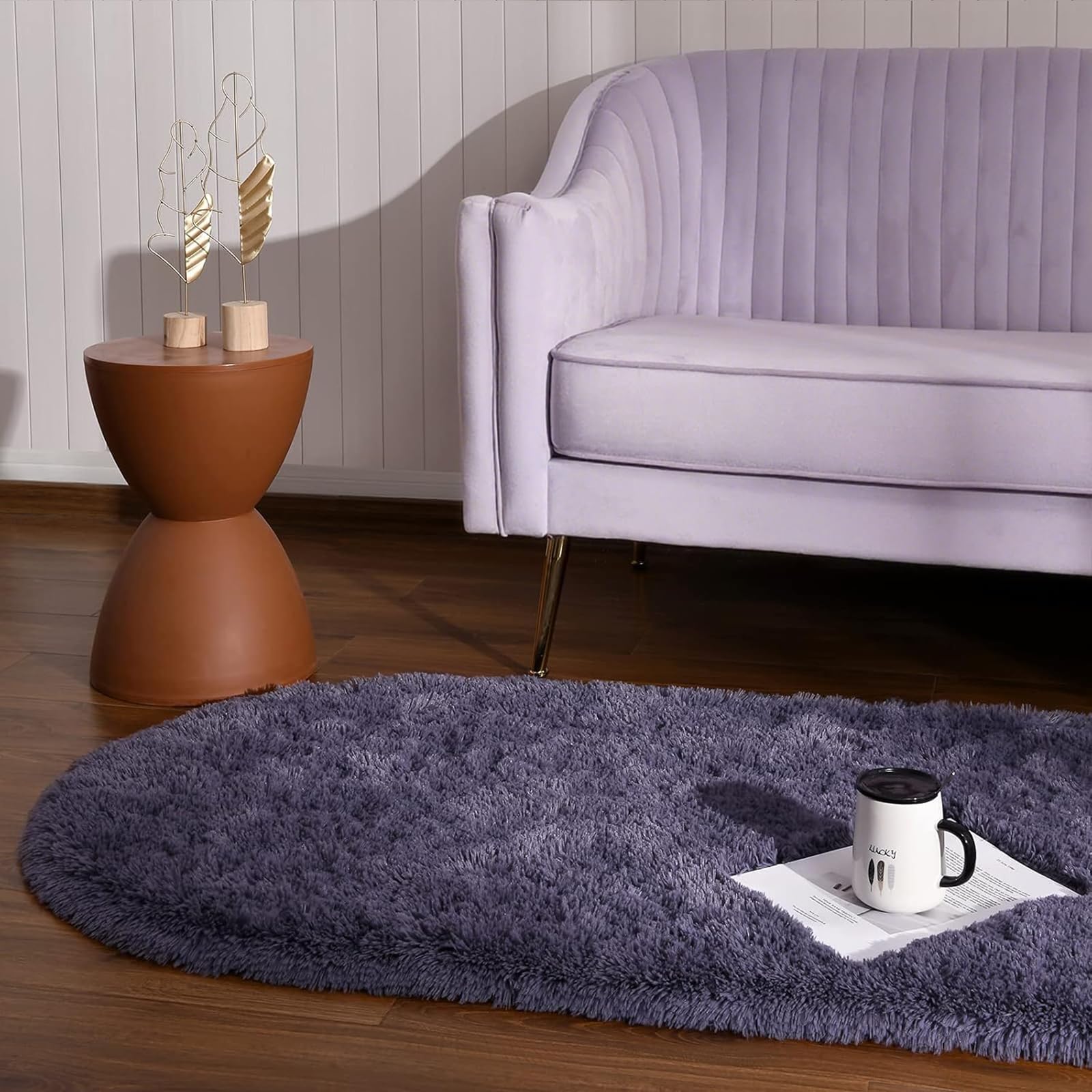 Sanmu morbido velluto tappeto di seta semplice stile moderno ovale Shaggy Tappeto moda tappeto per sala da pranzo, salotto rosa Rugs for Girls Room Home Decor 2.6 'x 5.3' Grey-purple