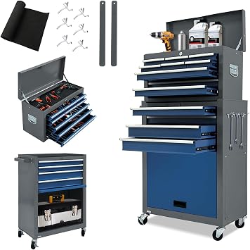Kirmoasl 13-Drawer Rolling Tool Chest, Large Tool Chest with Wheels, 2 in 1 Detachable Tool Chests, Portable Tool Storage, Locking Mechanic Tool Box for Warehouse, Garage, Gray & Blue