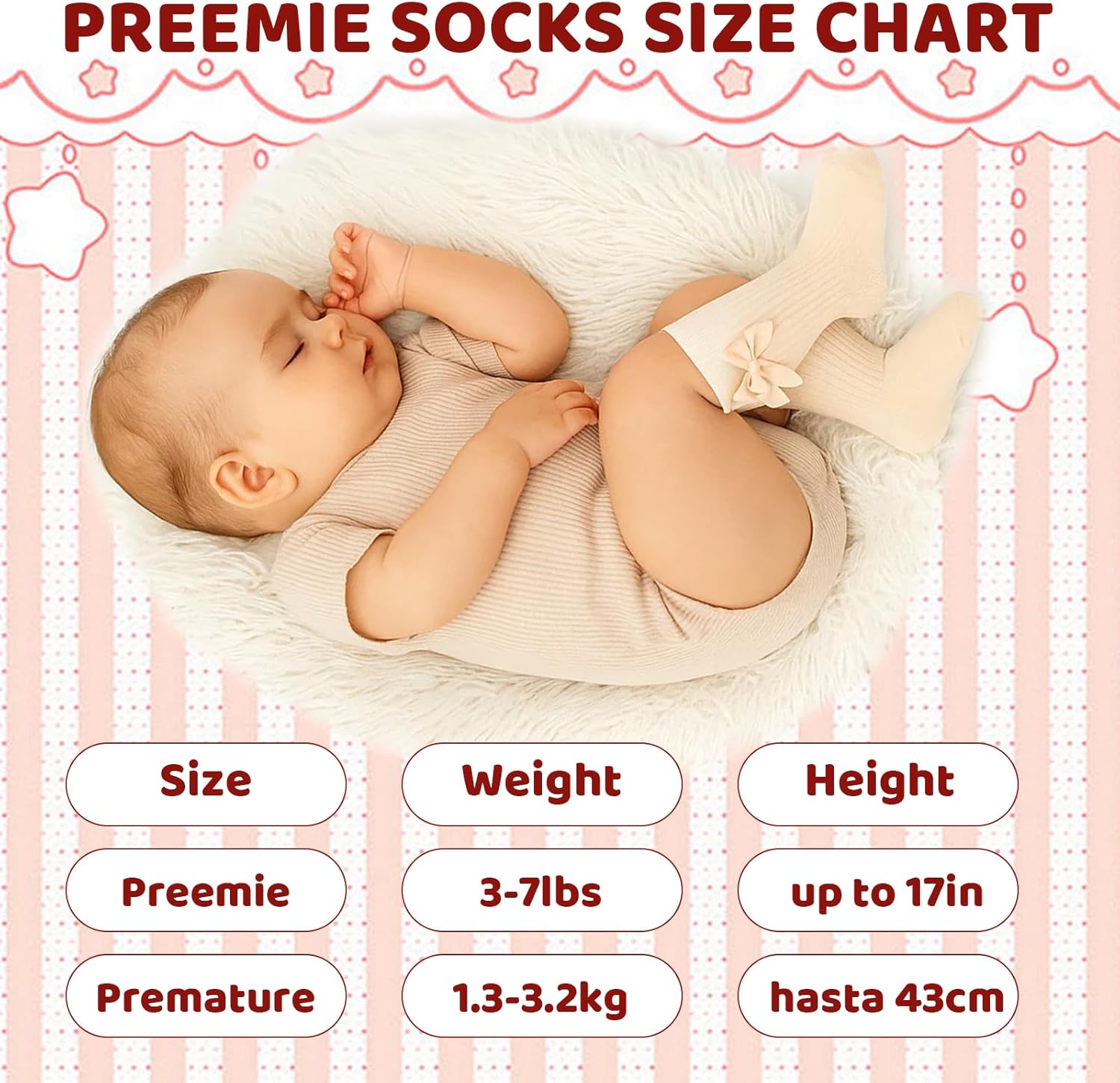 Newborn Knee High Socks Girl, 5 Pairs Soft Cotton Knee High Long Baby Socks for Premature Infants 3-7 lbs Newborn Girls Boys, Ideal for Daily Wear and Special Occasion Gifts - Image 4