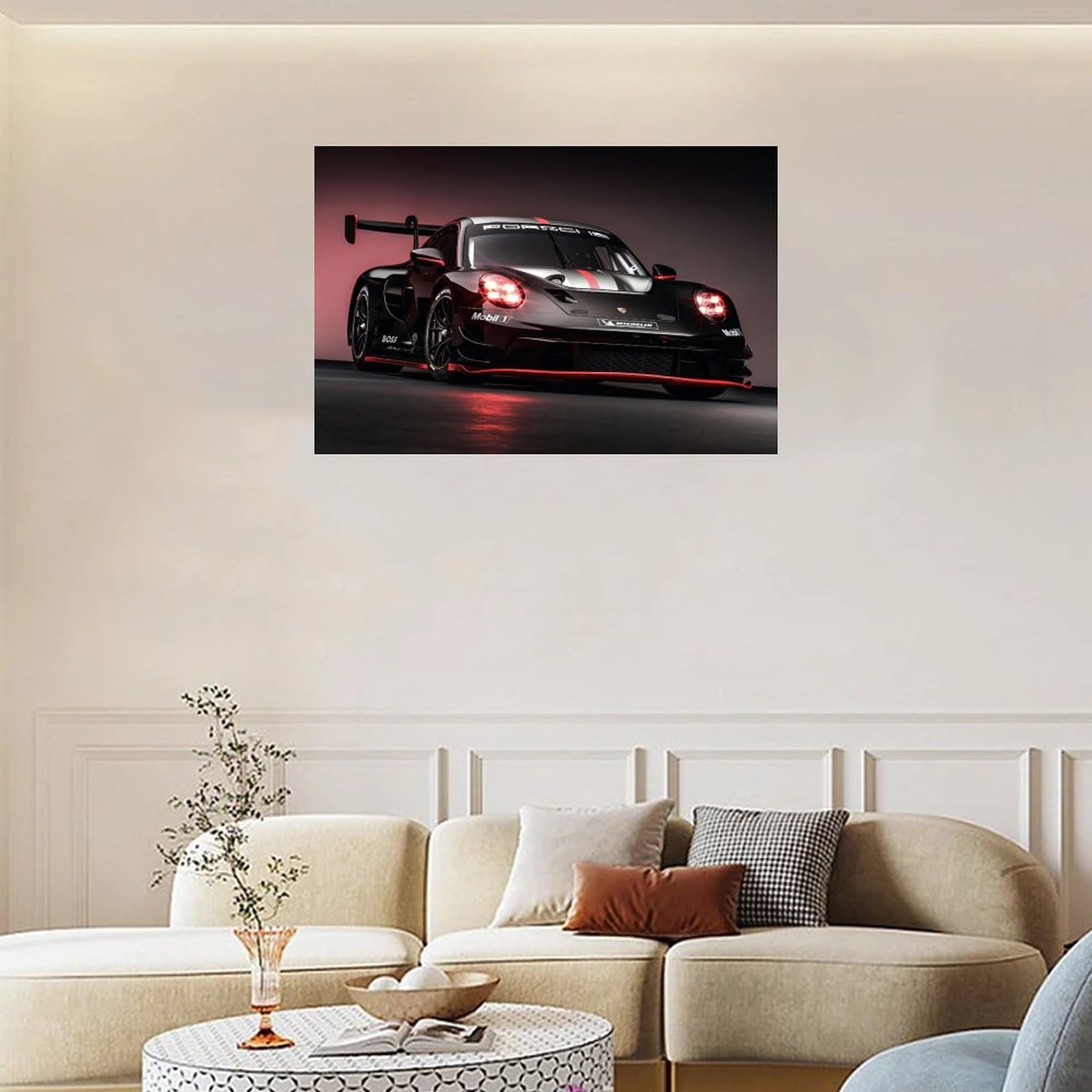 Tableau Toile Porsche GT3 RS Art Mural - Blanc Et Noir - Encadré Prêt à Accrocher - Neuf