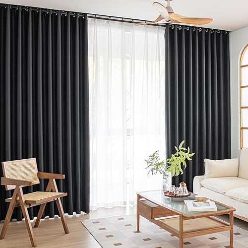 Cortinas opacas negras de 63 pulgadas de largo, juego de 2 paneles con ojales, cortinas opacas con ojales, reducción de ruido, suaves y rectas para