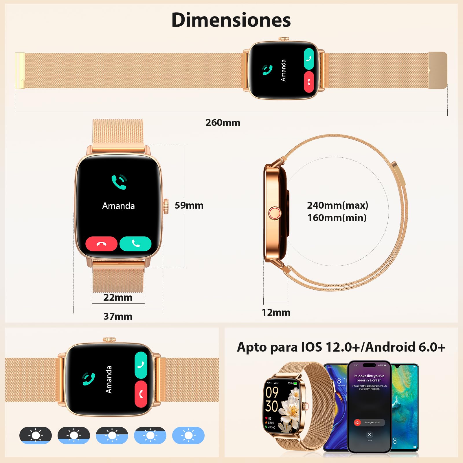 Yoever Reloj Inteligente Mujer, 1.85" Smartwatch Mujer con Llamadas y Whatsapp Notificación, SpO2/Pulsómetro/Sueño/Podómetro, 110 Modos Deporte, IP68 para Android iOS Dorado