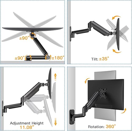 Miniatura 4 de HUANUO Soporte de pared para monitor individual para pantalla de computadora de 13 a 32 pulgadas, brazo de montaje en pared para monitor con