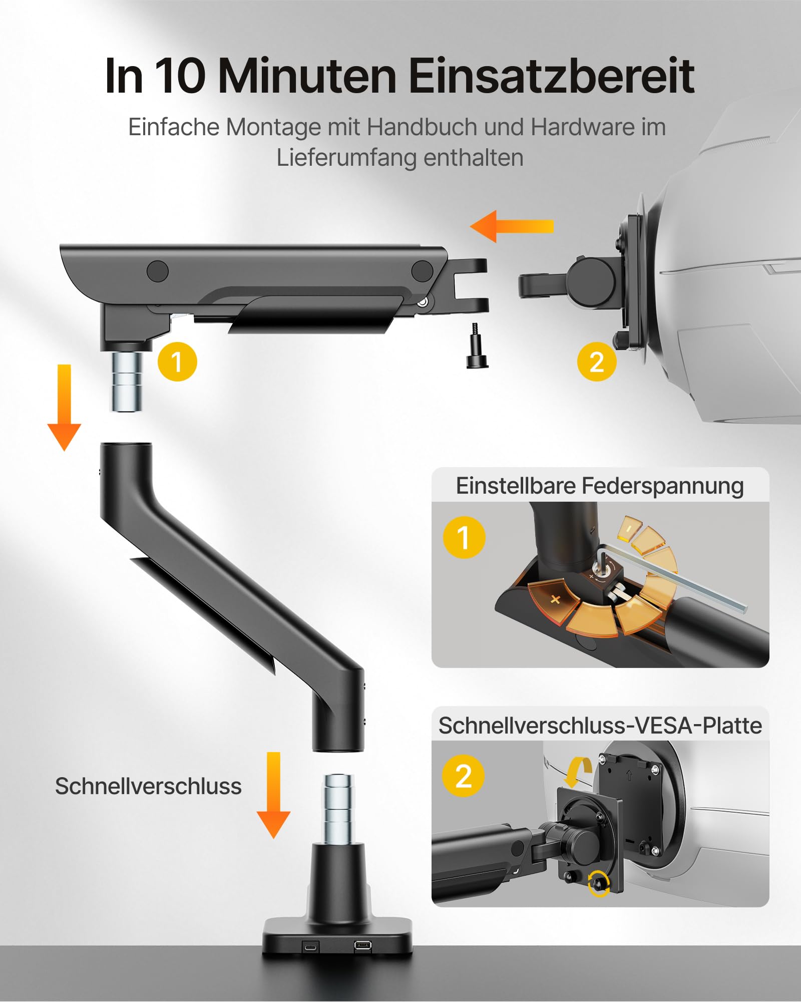 MonTEK Monitor Halterung Aluminium - Bis 57 Zoll 27kg Mit USB Ports