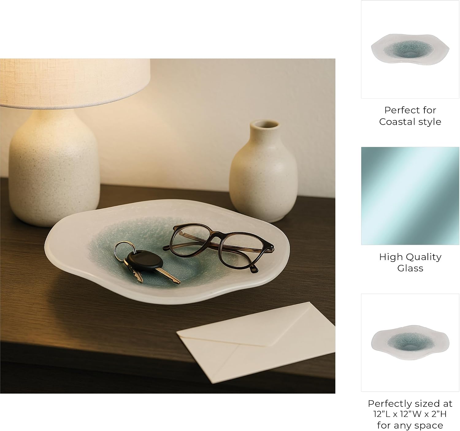 Modern Ripple Edge Glass Decorative Bowl for Coffee Table - Luxury Kitchen Counter Decor, Key Bowl, or Candy Bowl - Perfect Centerpiece Table Decorations and Home Decor Accents - 2" Blue & White