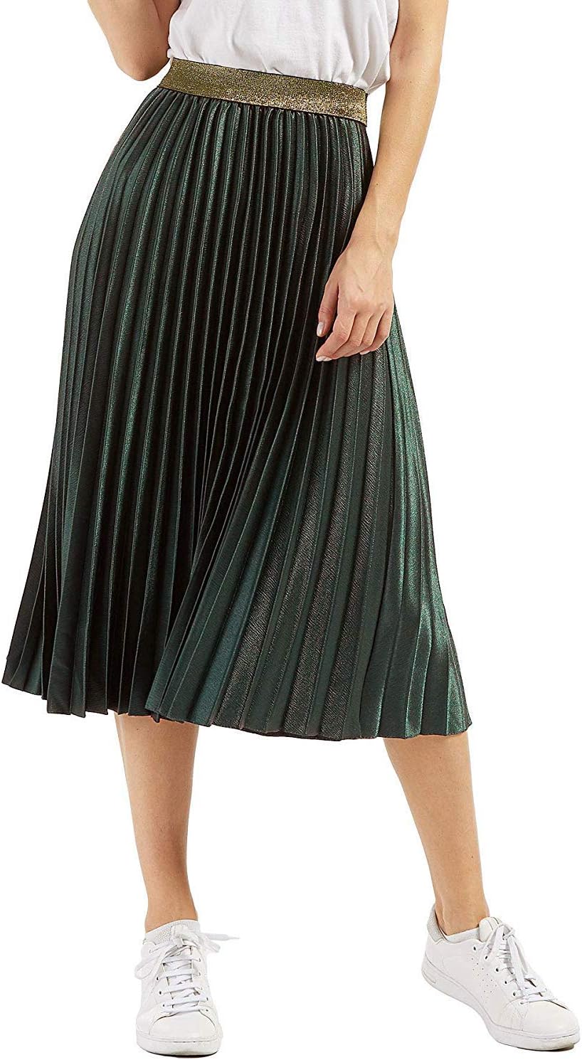 CHARTOU Womens Elastic-Waist Accordion Pleated Metallic Long Party Skirt