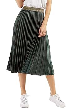 CHARTOU Womens Elastic-Waist Accordion Pleated Metallic Long