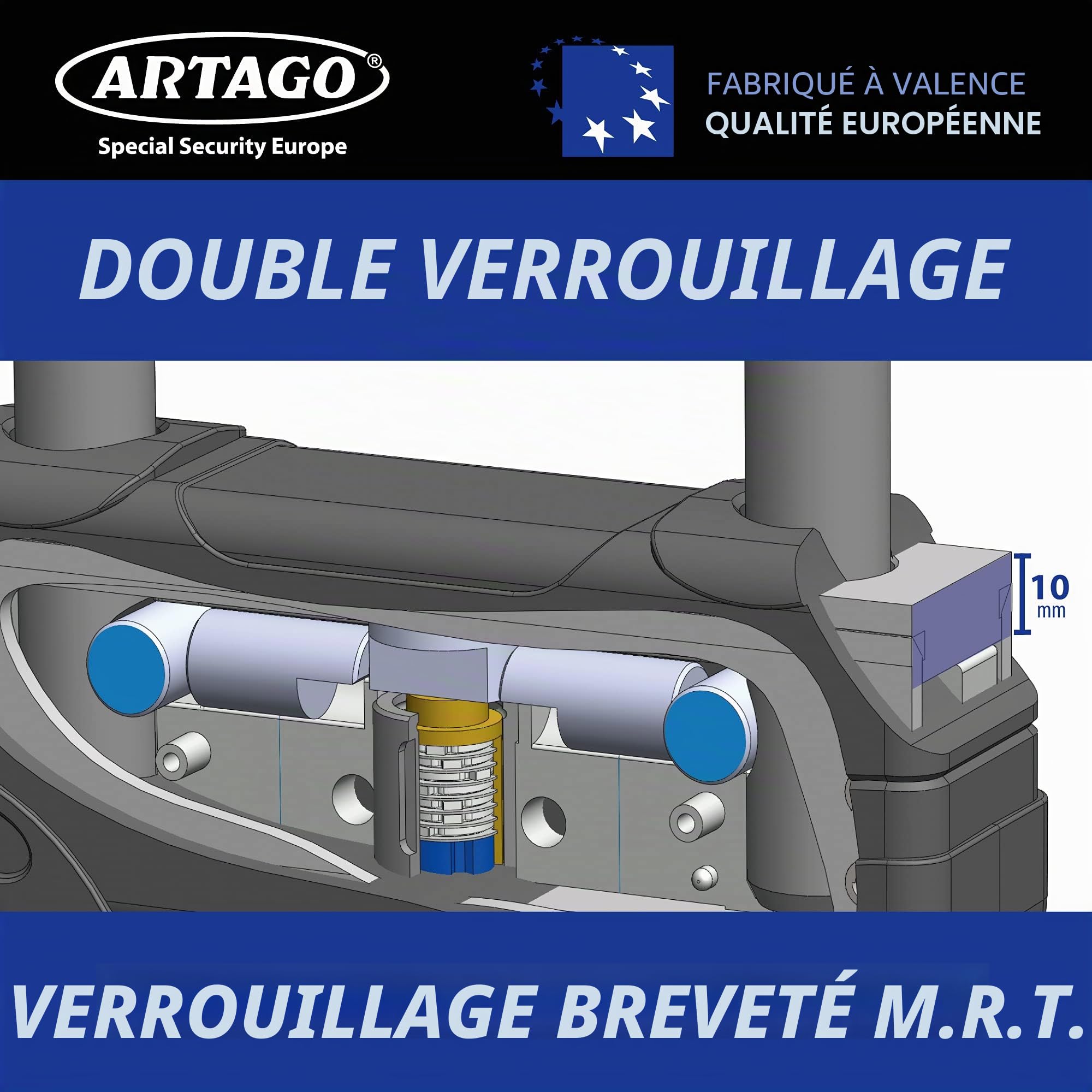 Artago 18ART270 Antivol U Moto Haut de Gamme Homologué SRA, Sold Secure Gold, ART4, BUNKER SELECTION, Acier Trempé ø18mm, Double Système de Verrouillage MRT Blindé, 85x245mm, Cadenas en U pour Moto