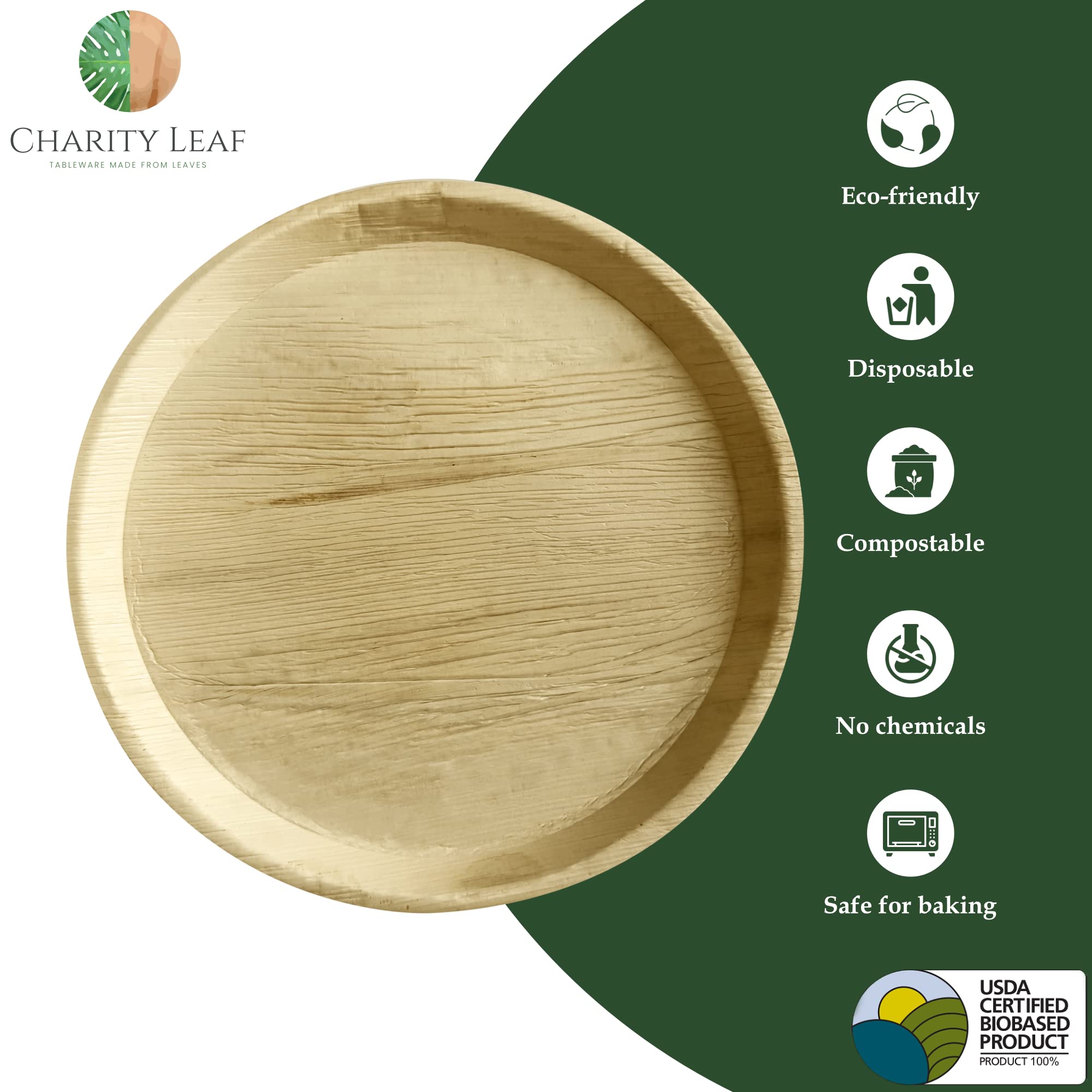 Charity Leaf Jednorazowe okrągłe tace z liści palmowych 38 cm (10 sztuk) bambusowe talerze do serwowania, jednorazowe deski, ekologiczna zastawa stołowa na wesela, catering, wydarzenia, odwiedź sklep