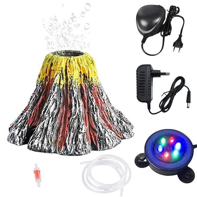 Kit de decoración de volcán para acuario, con bomba de aire, luz LED que cambia de color
