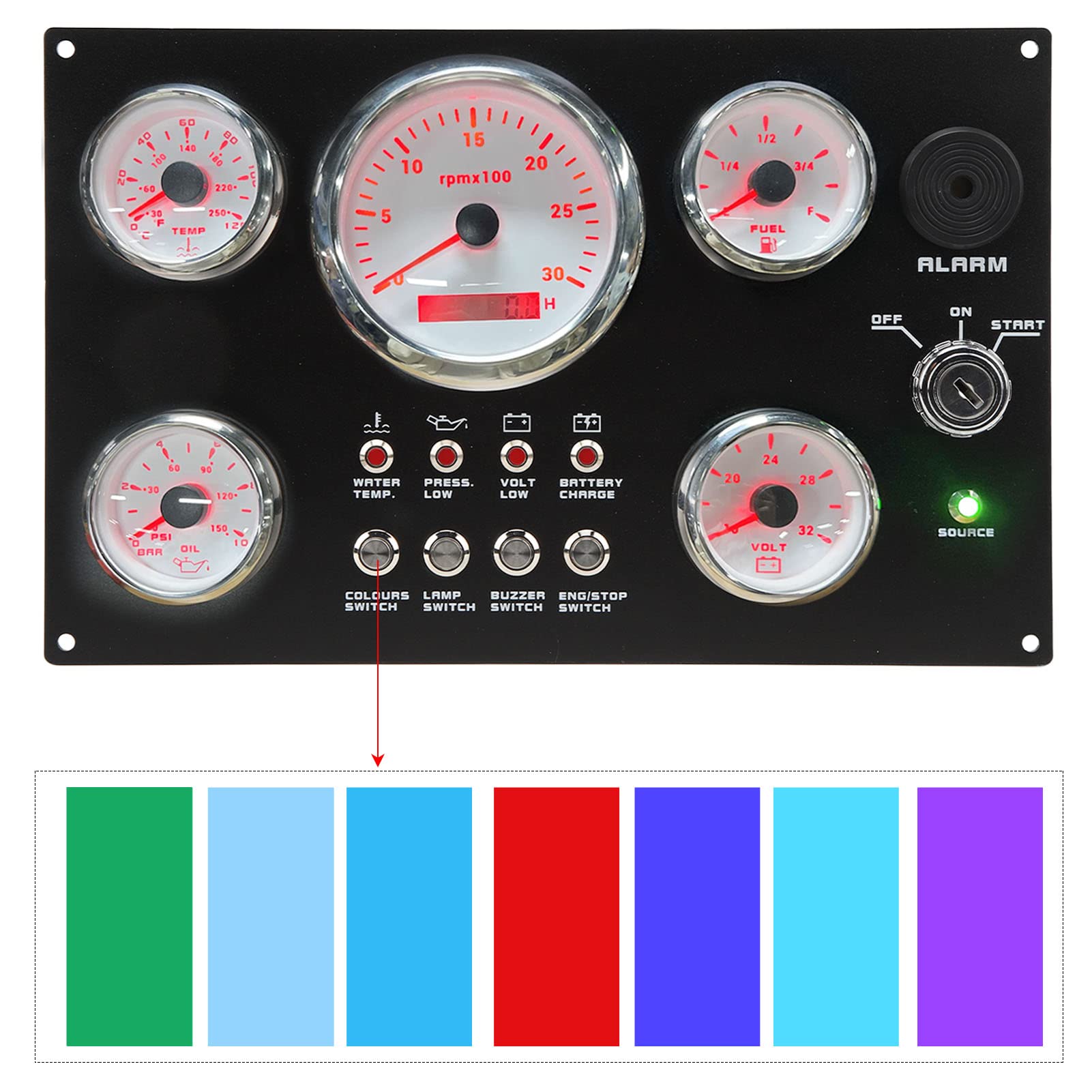Aramox Boots-Instrumententafel, 24 V, 7 Farben, Hintergrundbeleuchtung, 5-Gauge-Instrumententafel, 85 Mm, 3000 U/min, Maximale Öldruck-Spannungsanzeige für Marineboote, Yachten