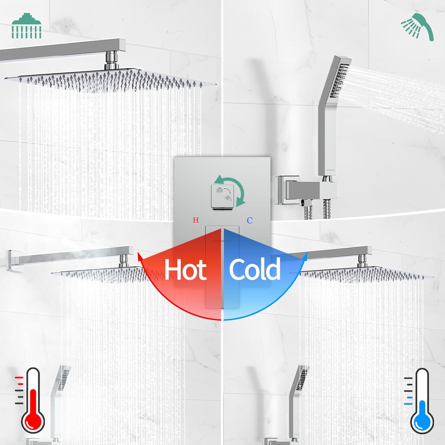 SR SUN RISE SRSH-D1203 12 Inches Bathroom Luxury Rain Mixer Shower Combo Set Wall Mounted Rainfall Shower Head System Polished Chrome Shower Faucet Rough-in Valve Body and Trim Included