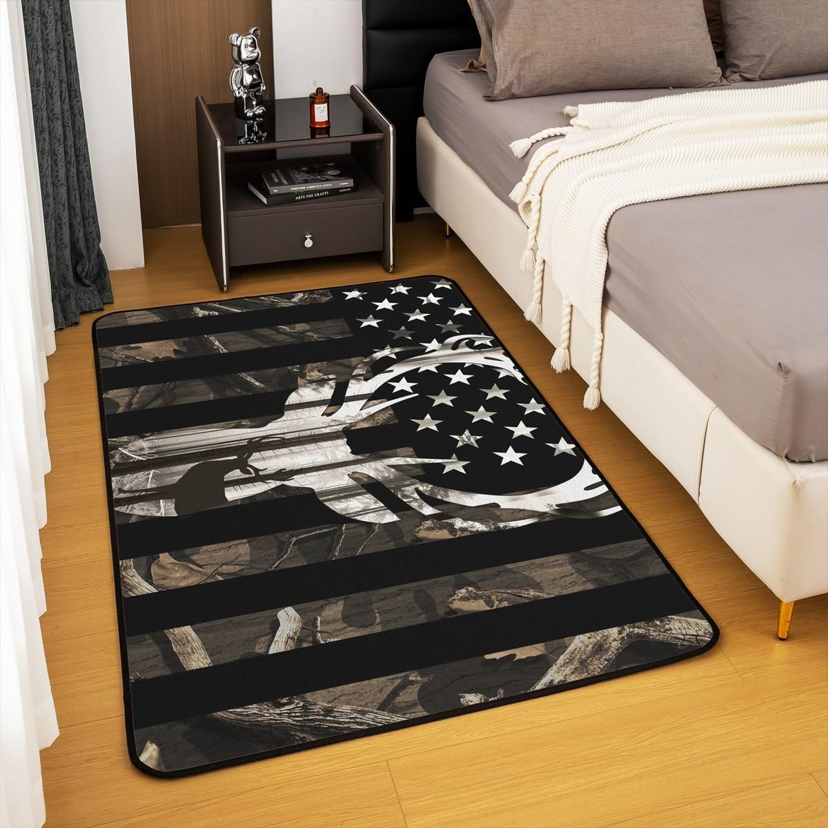 Reindeer Antler Area Rug 5'x7' Camouflage National American Flag Rug for Bedside Living Room Backyard Sofa Decoration Camo Rustic Tree Plant Decor Carpet for Kids Boys Teens Men