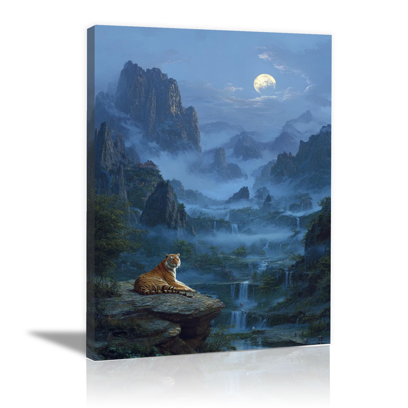 TERUEA Animal Bathroom Print Resting Tiger Moon Foggy Valley Mountain Waterfall Farmhouse Style Artwork for Kitchen Bathroom Bedroom Office Home Deration(Orange)-40x60cm Framed