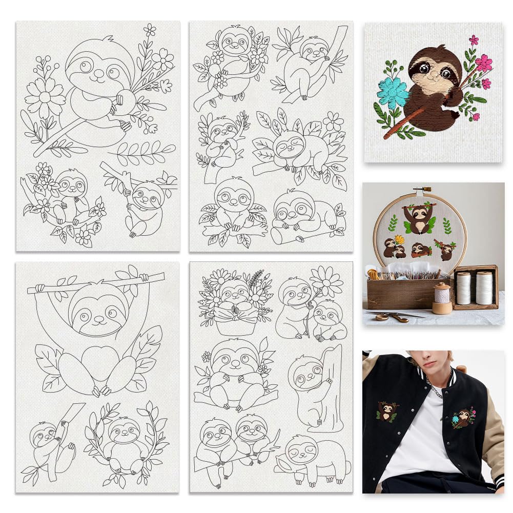 BENECREAT 4Sheets 18Pcs Water Soluble Embroidery, 11.7x8.3inch Sloth Sleepy Bear Pattern Transfers Water Soluble Stabilizer for Stitch Embroidery Designs
