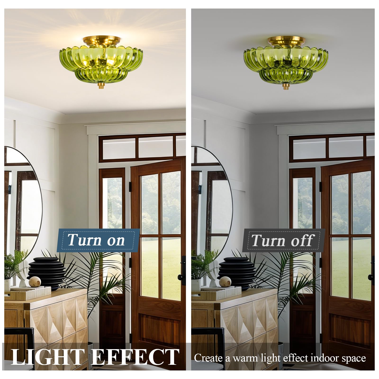 Lampa sufitowa w stylu vintage z kloszem, zielone szkło, E27, 30 cm, pół-prosta, zielona lampa sufitowa w stylu vintage, kwiaty, szkło, do sypialni, korytarza, kuchni, jadalni, salonu