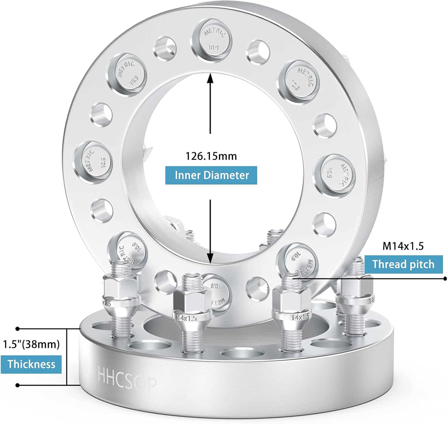 HHCSOP 8x6.5 Wheel Spacers 1.5 inch for Chevy Silverado Suburban Express 2500 3500, GMC C2500 K2500 Sierra Yukon XL 2500, 2PCS 8x165.1 Wheel Adapter with M14x1.5 Studs & Hub Bore 126.15mm