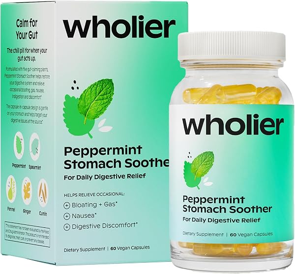 wholier Peppermint Stomach Soother with Peppermint Oil, Ginger, Fennel, Spearmint & Black Cumin Seed Oil, Bloating, Gas, Nausea & Digestive Support for Adults, Vegan, Gluten Free, 60 Dual Capsules