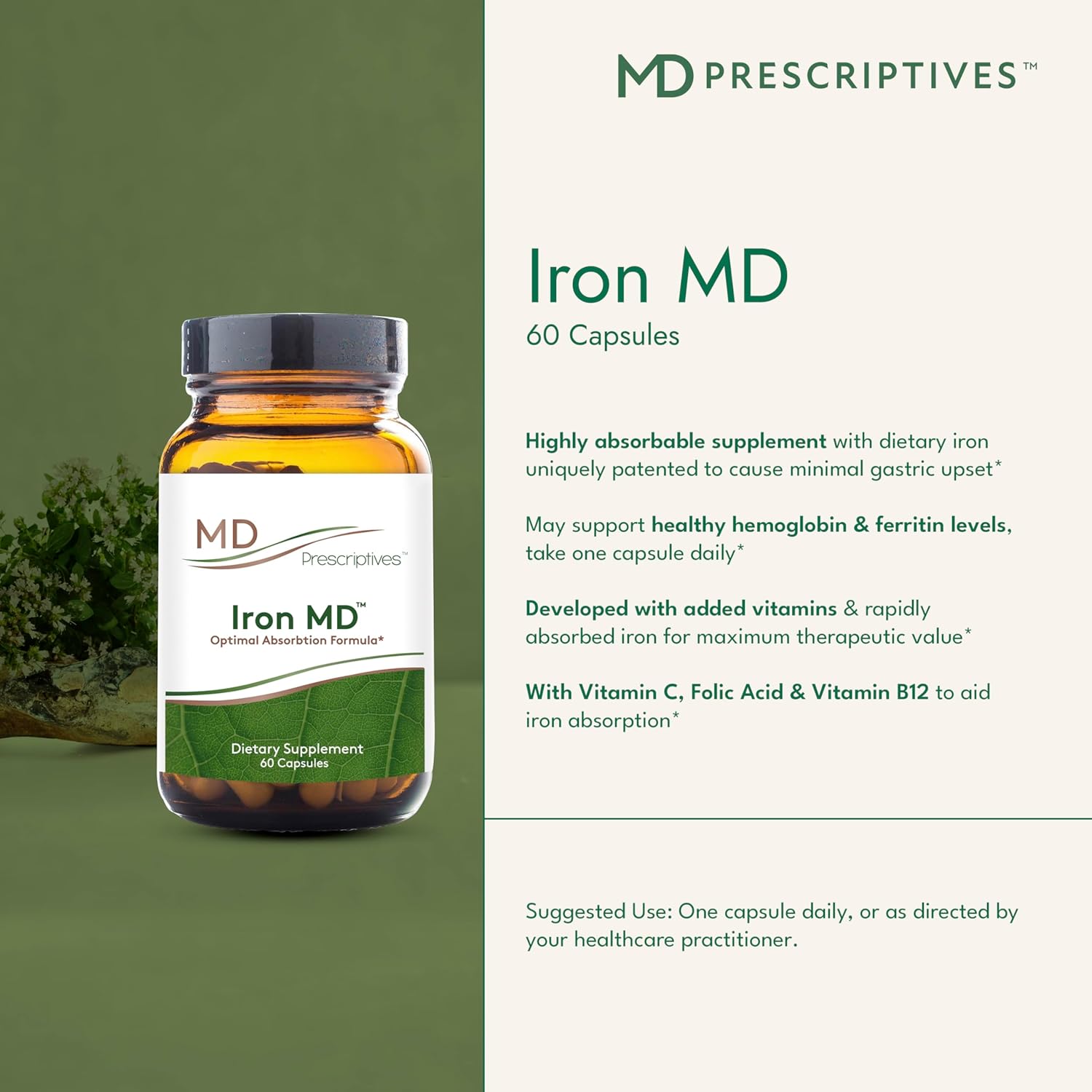 MD Prescriptives Iron MD Capsules - Daily Iron Supplement for Women & Men with Vitamin C, Vitamin B12 & Folic Acid - Optimal Absorption Formula - 60 Veg Capsules