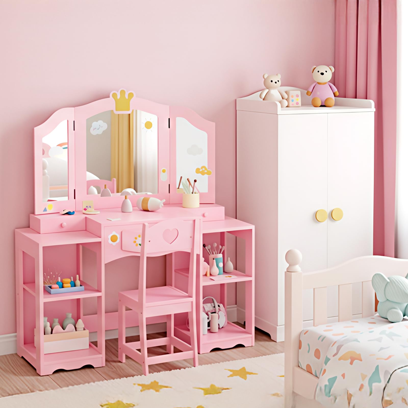 Bonnlo Tocador Infantil con Espejo de Tres Paneles y Taburete, Tocador para Niña con 3 Cajones y 4 Estantes Abiertos, Mesa de Maquillaje Infantil de Madera con Diseño de Coron (Rosa, Grande)