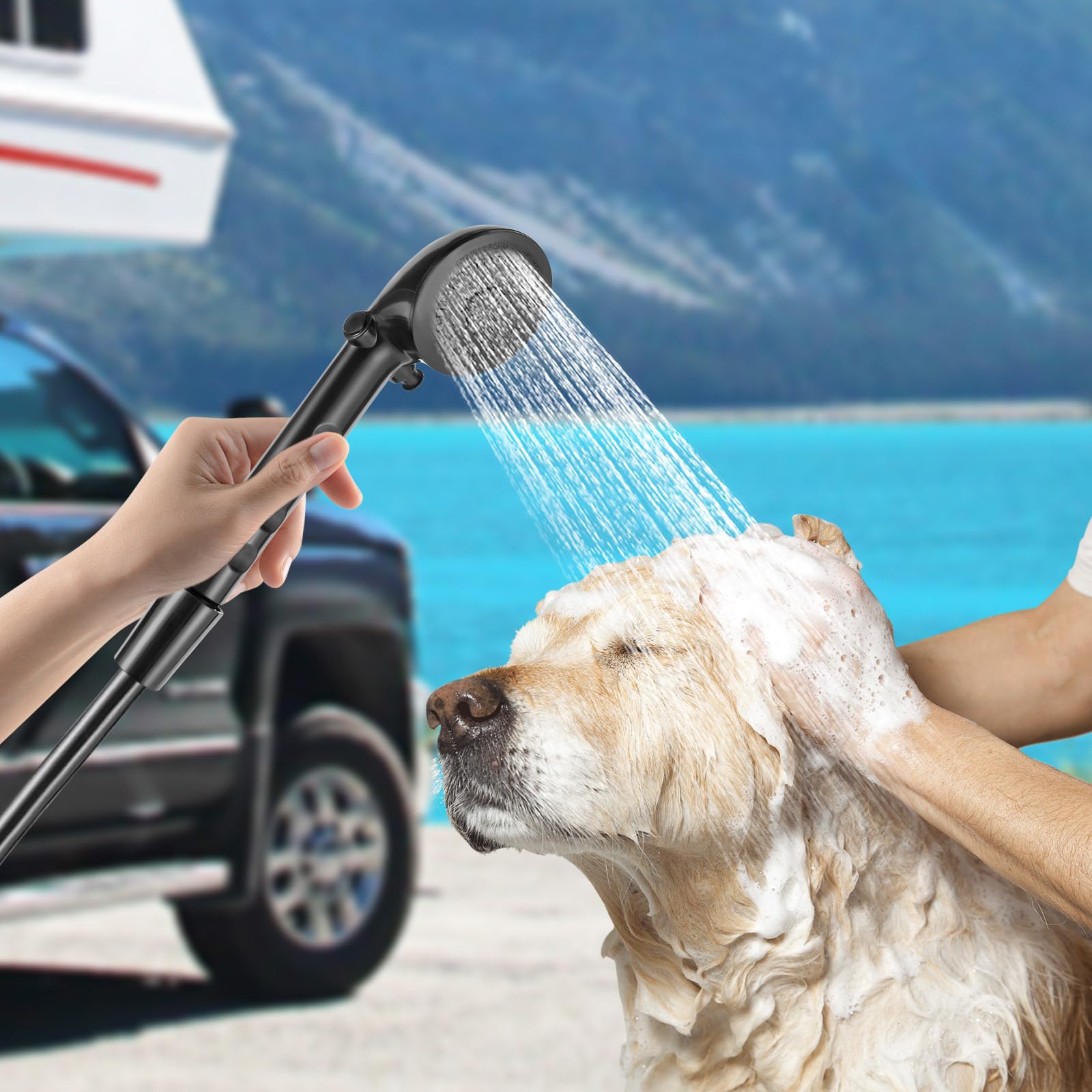 Kit doccia per camper, doccia da esterno per camper, doccia da campeggio con trattamento dell'acqua calda e fredda e tubo flessibile da 4,92 m, per barca, camper, roulotte (nero)