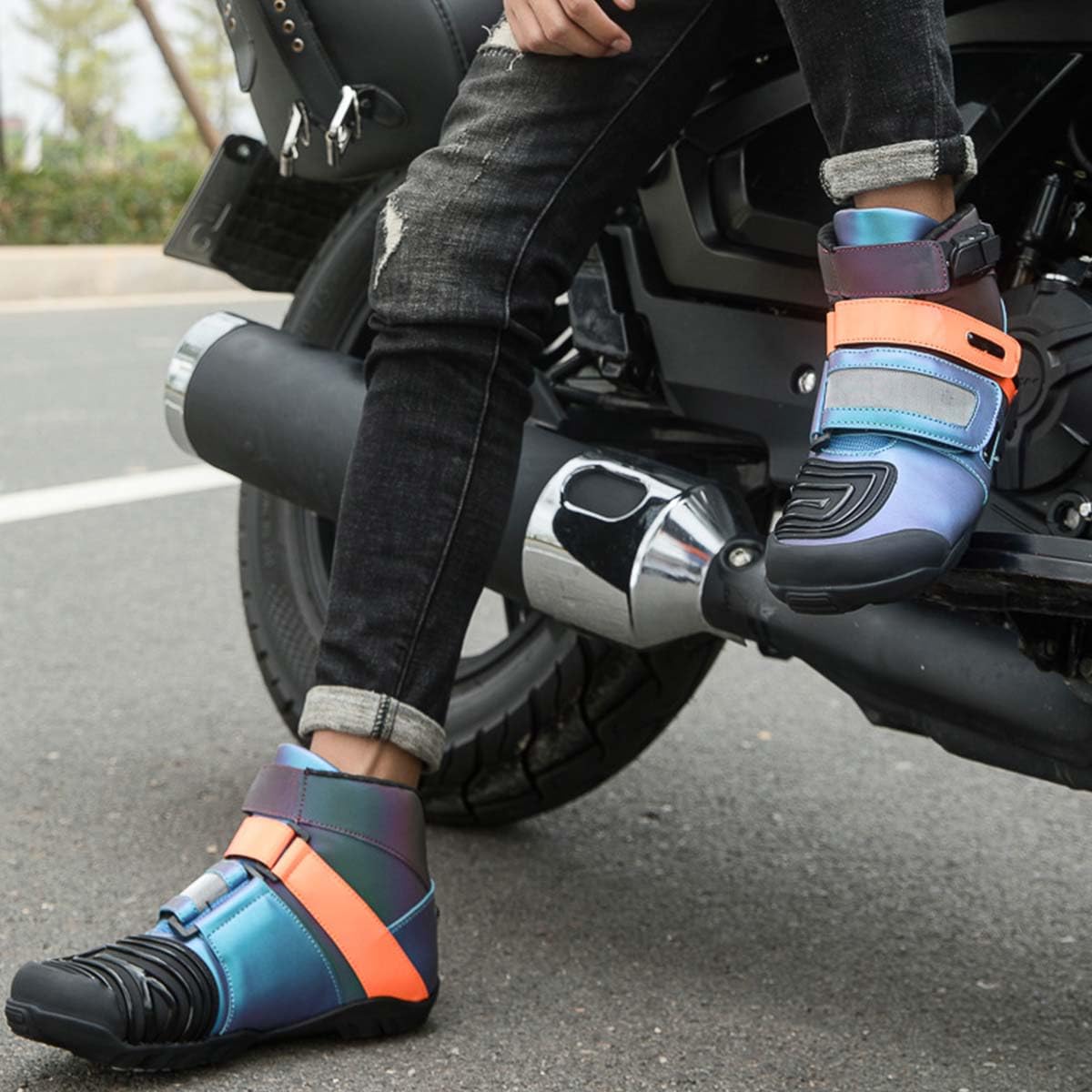 Scarpe da Moto Uomo Stivali da Moto in Pelle | Antiscivolo, Resistenti e Comode, Traspiranti, Protezioni, Suola Antiscivolo, Impugnatura del Cambio