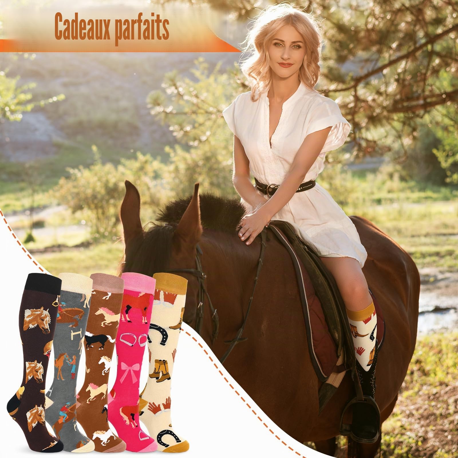 Sintege 5 Paires de Chaussettes d'Équitation pour Femme Chaussettes d'Équitation Longues Mi-Bas Colorés à Motifs Animaliers Cadeau Amusant pour Amoureux des Chevaux et Cavalières