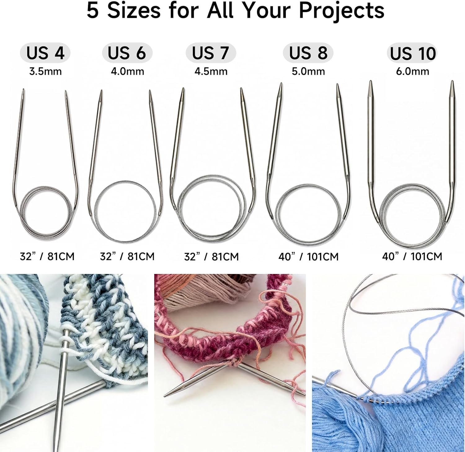 YLaziion Circular Knitting Needles Size 4 (3.5mm) 32 Inch Stainless Steel