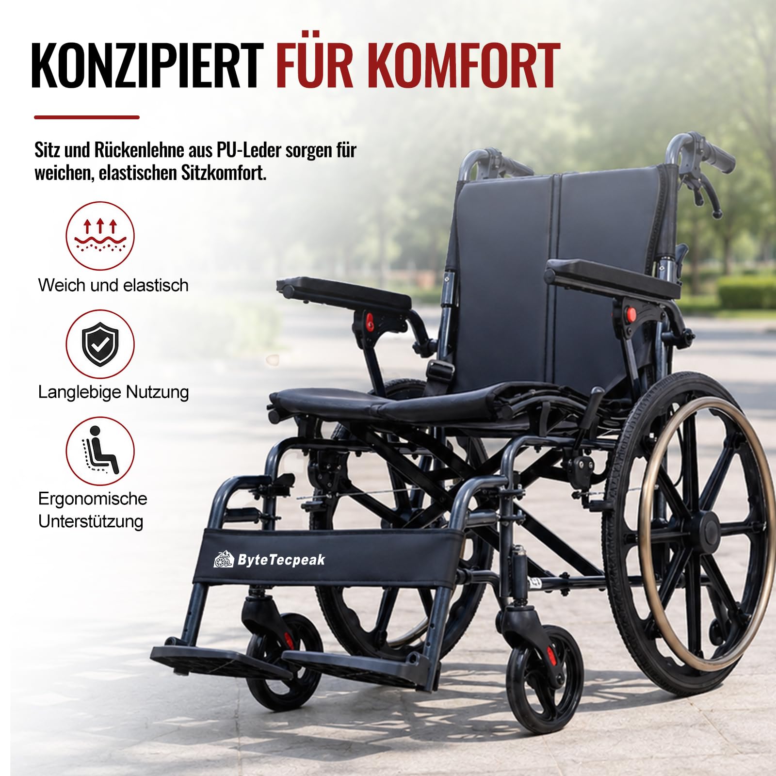 M4 Rollstühle mit Selbstantrieb, Rollstuhl Faltbar Leicht mit Doppeltem Sitzpolster, Schockabsorbierenden Vorderrädern, Leichtes Aluminiumgestell, Für Erwachsene