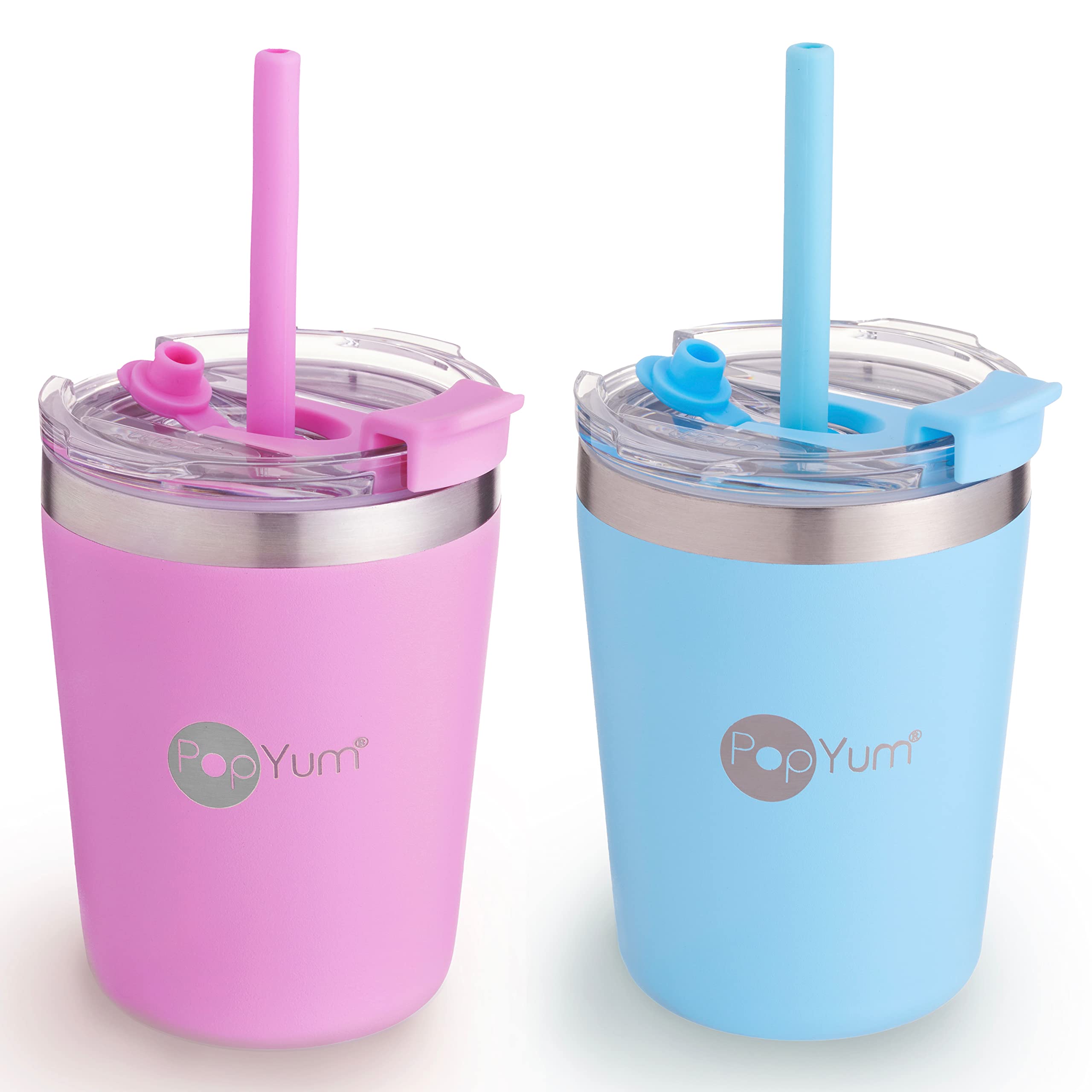 PopYum 9oz Insulated Stainless Steel Kids’ Cups with Lid and Straw, 2-Pack, Blue, Pink, stackable, sippy, baby, child, toddler, tumbler, double wall,