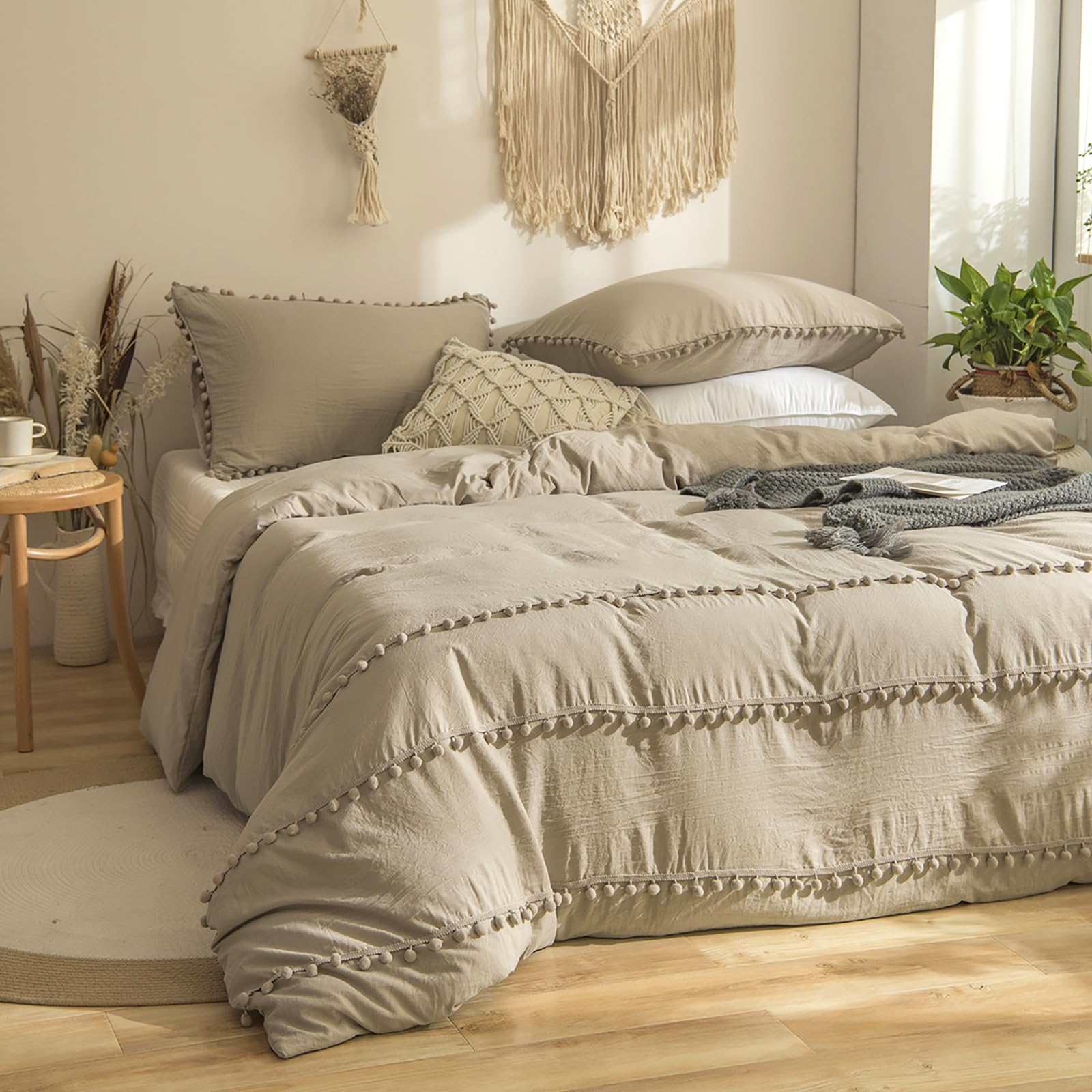 Set Copripiumino Matrimoniale Taupe Bohémien Parure Copripiumino 220x230cm Boho Pompon Boemia Sacco Copripiumino con Frange in Microfibra con Federe 50x75cm, Marrone